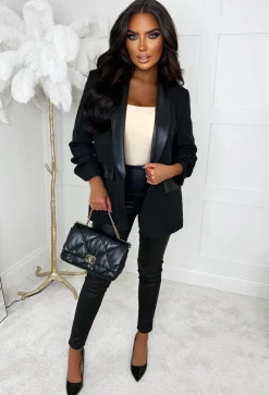 Iconic Illusion Black Faux Leather Trim Shawl Neck Ruched Sleeve Blazer