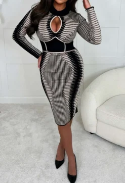 Illusion Of Love Beige Long Sleeve Body Sculpt Illusion Knitted Midi Dress
