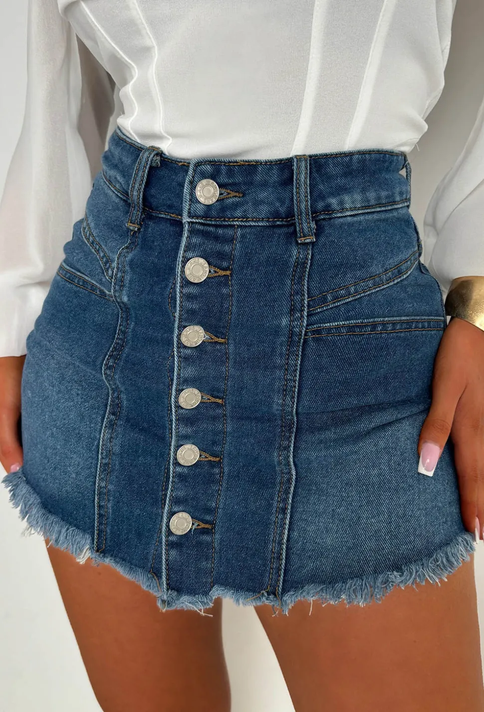 I'm That Girl Mid Wash Denim Button Front Skort