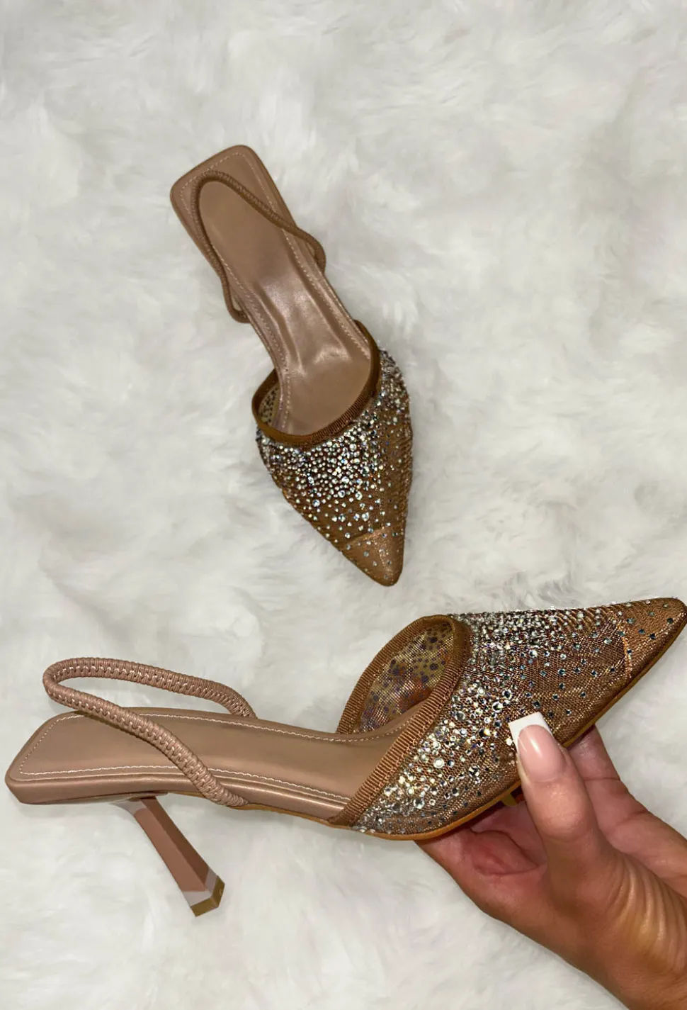 Into The Night Nude Diamond Embellished Mesh Slingback High Heels