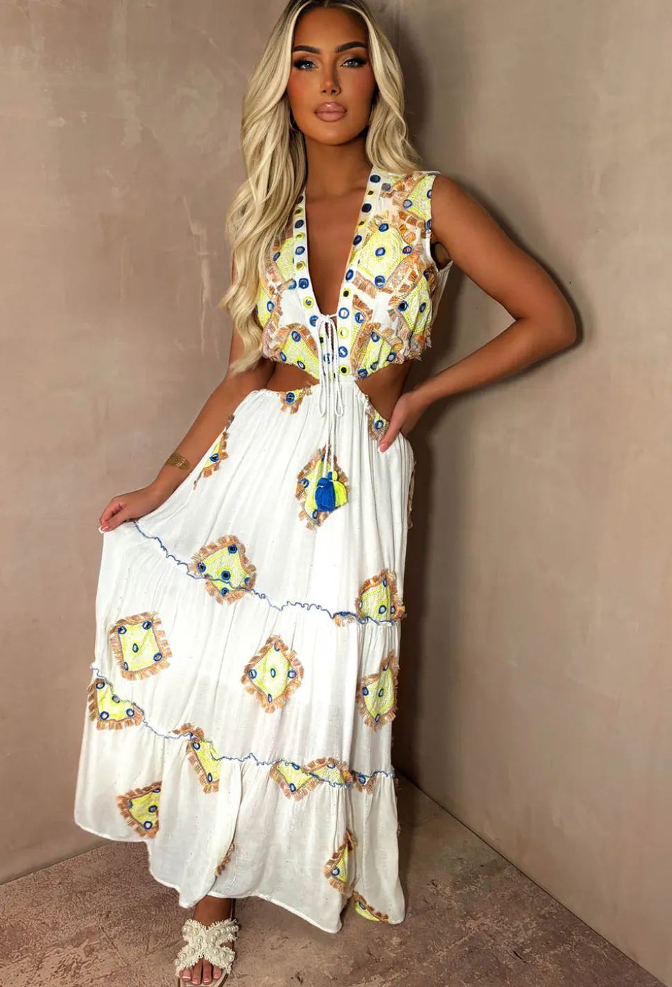 Island Fantasy Blue Embellished Cut Out Waist Maxi Dress