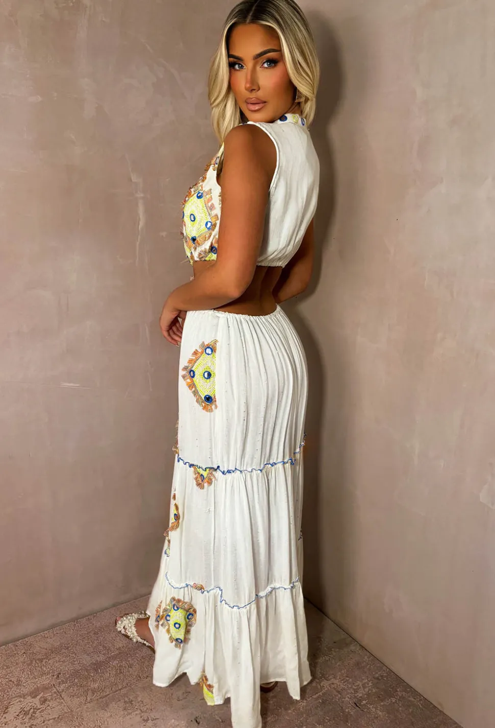 Island Fantasy Blue Embellished Cut Out Waist Maxi Dress