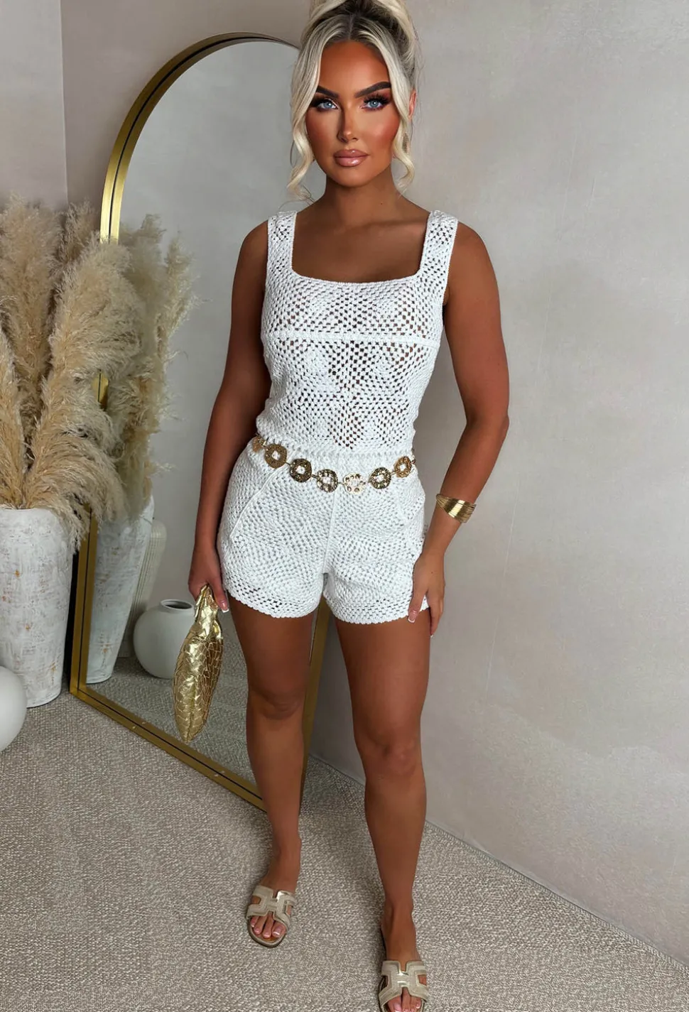 Island Glow Cream Flower Crochet Elasticated Shorts