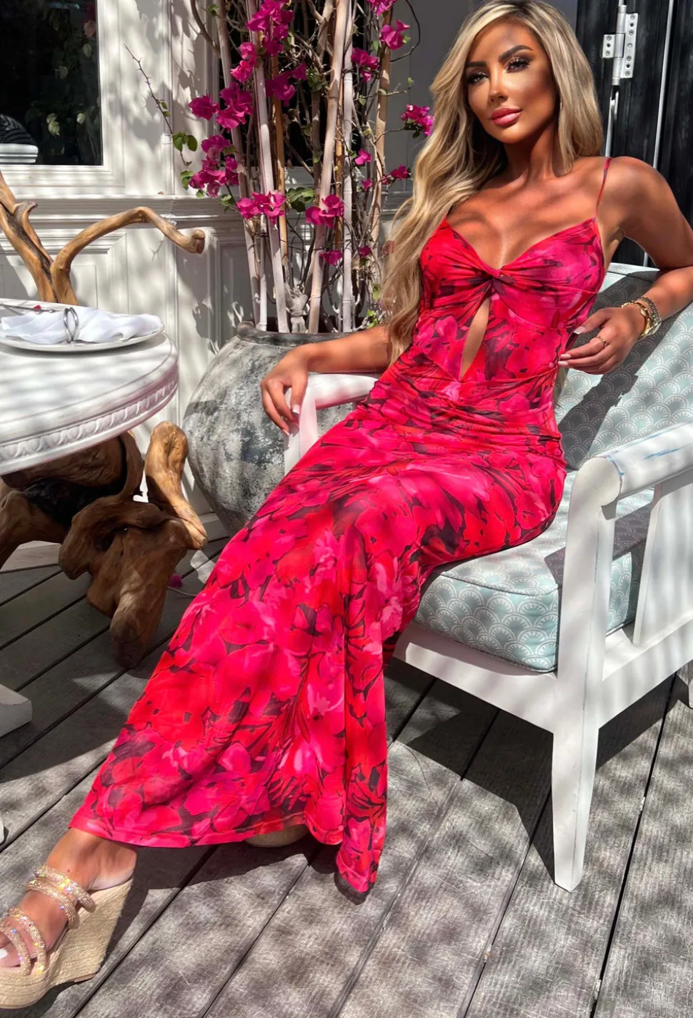 Island Sunset Pink Vivid Print Backless Cami Maxi Dress