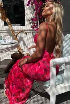 Island Sunset Pink Vivid Print Backless Cami Maxi Dress
