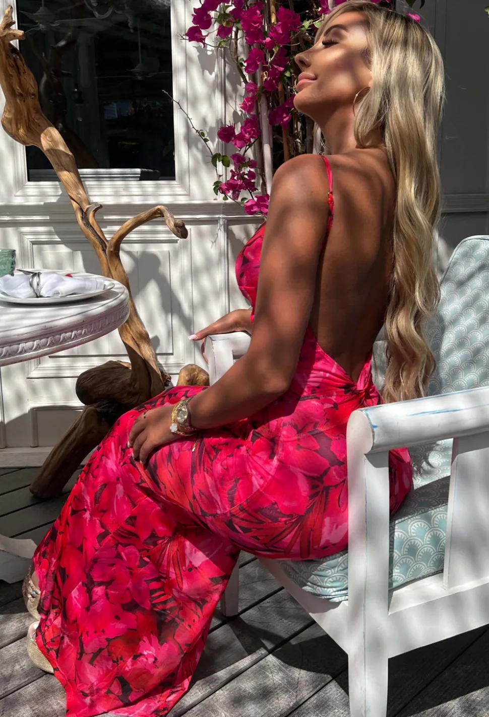 Island Sunset Pink Vivid Print Backless Cami Maxi Dress
