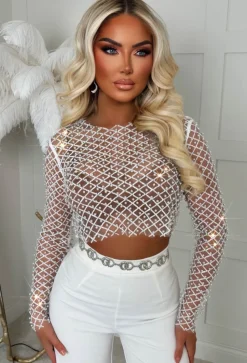 It Girl Season White Sequin Pearl Mesh Top