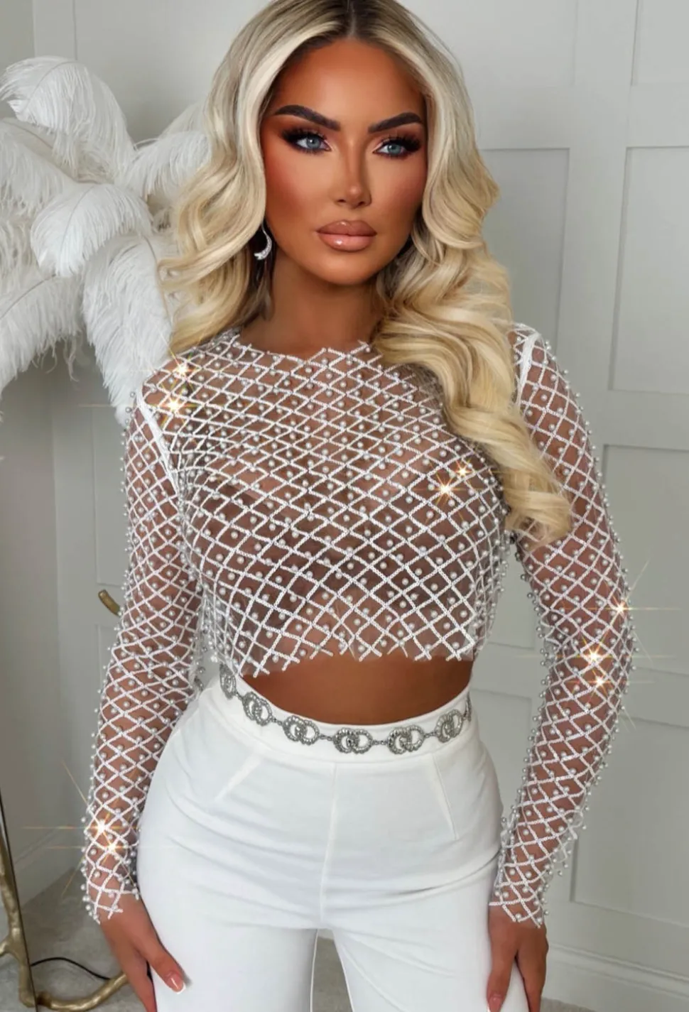 It Girl Season White Sequin Pearl Mesh Top