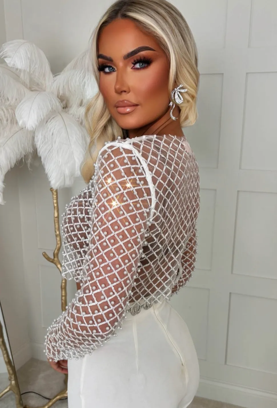 It Girl Season White Sequin Pearl Mesh Top