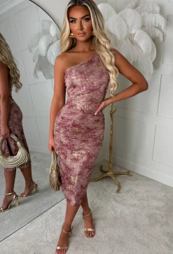 Kally Pink Foil Print One Shoulder Dress