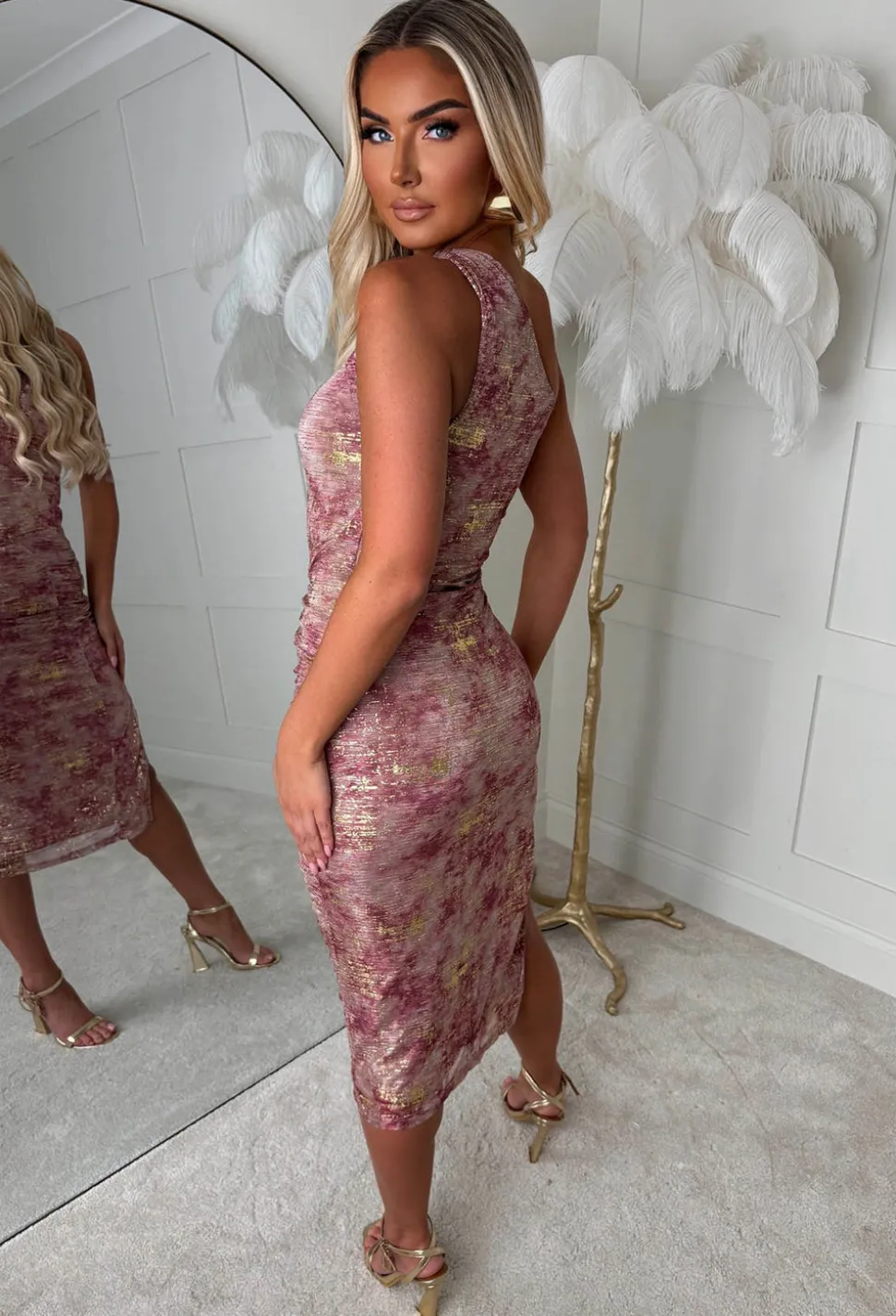 Kally Pink Foil Print One Shoulder Dress