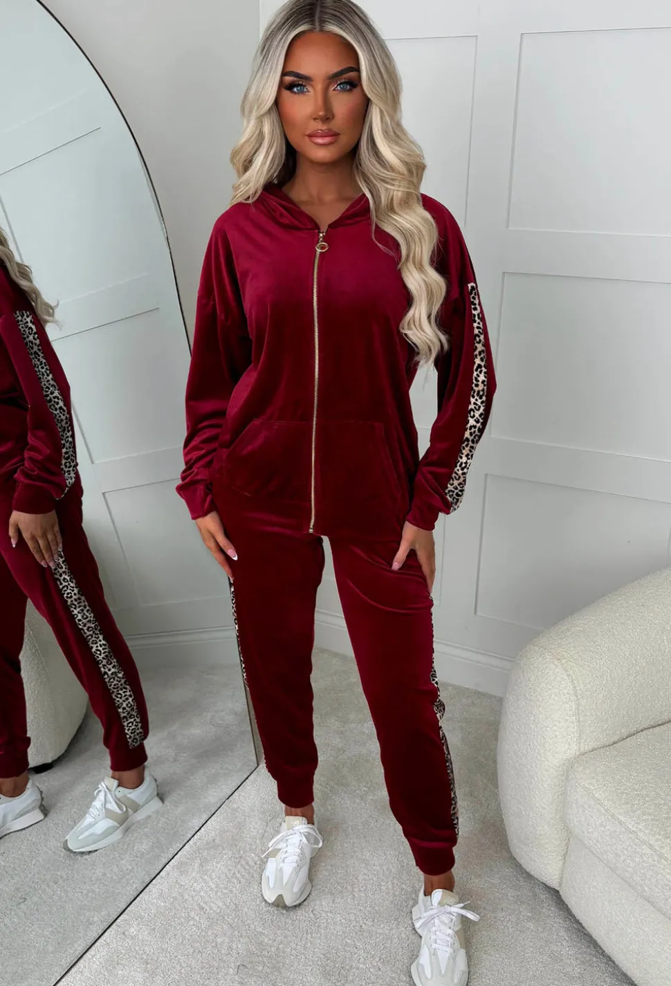 Karma Burgundy Leopard Side Print Velour Loungewear Set