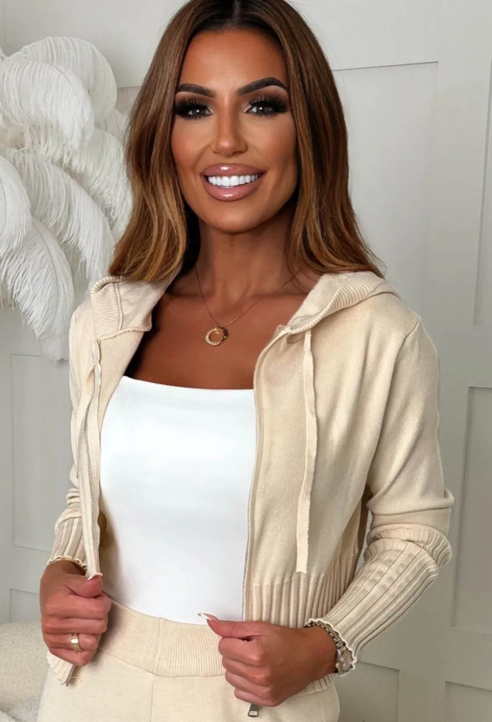 Kassie Cream Rib Knit Zip Up Hoodie