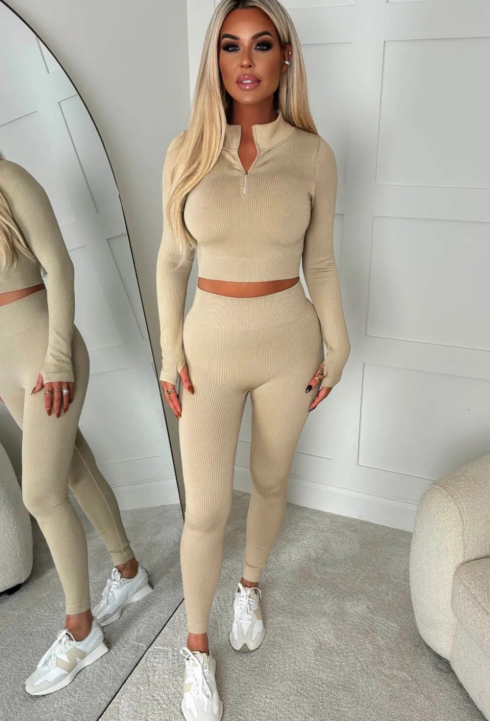 Keep It Cool Beige Half Zip Up Top And Leggings Active Set