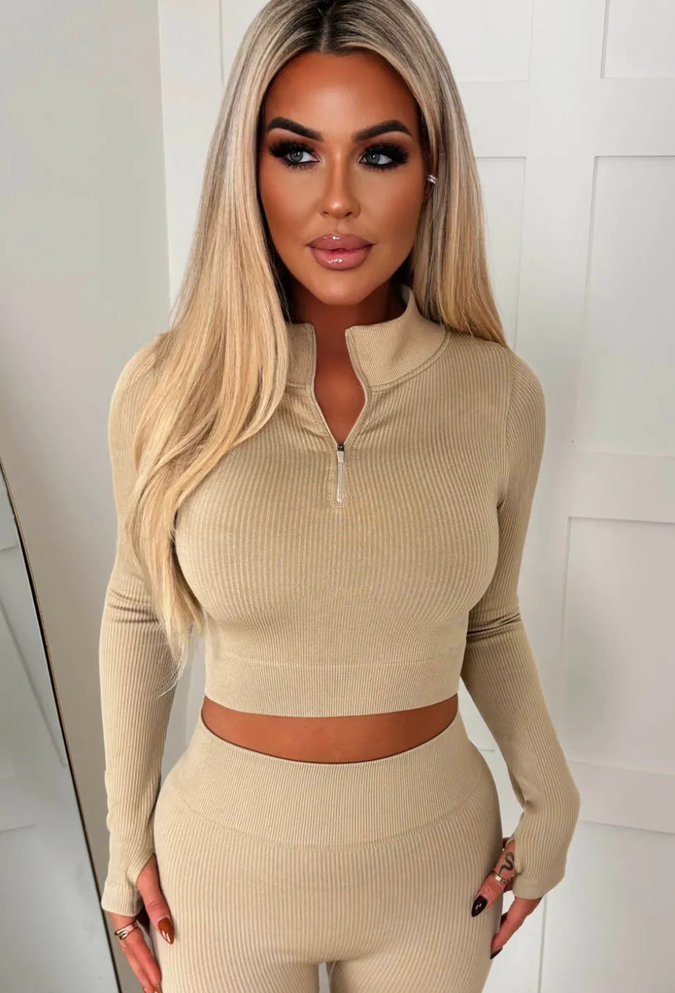 Keep It Cool Beige Half Zip Up Top And Leggings Active Set