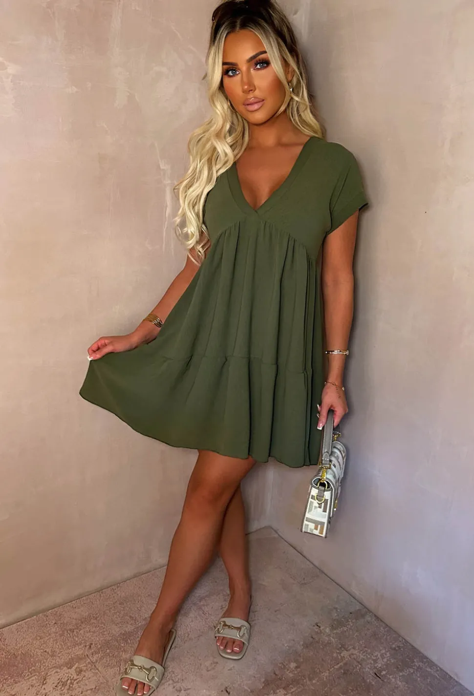 Keep Me Cute Khaki V-Neck Tierred Smock Day Dress