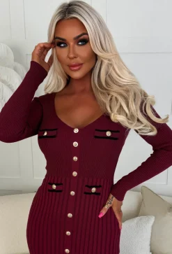 Kimmy Wine Rib Knit Button Detail Midi Dress