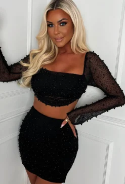 Kira Black Pearl Embellished Crop Top & Skirt Co-Ord