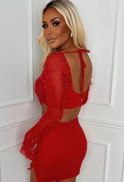 Kira Red Pearl Embellished Crop Top & Skirt Co-Ord