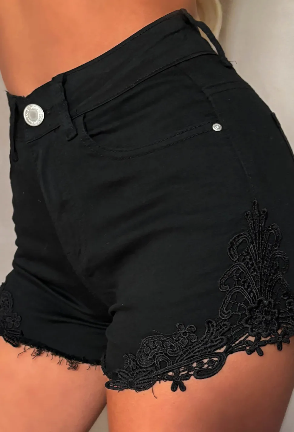 Laced Illusion Black Stretch Denim & Lace Cut Off Shorts