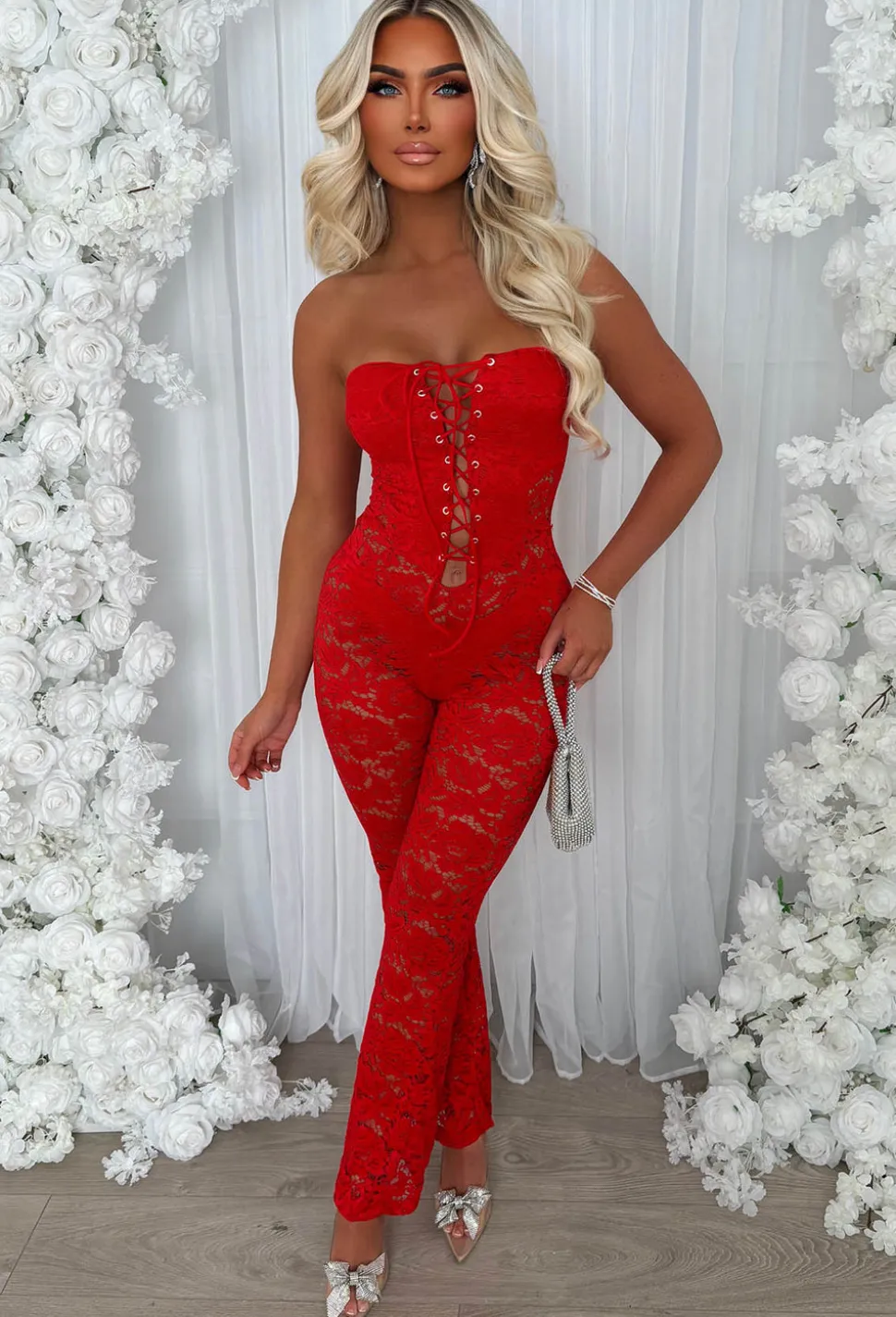 Laced Luxe Red Laced Up Lace Jumpsuit