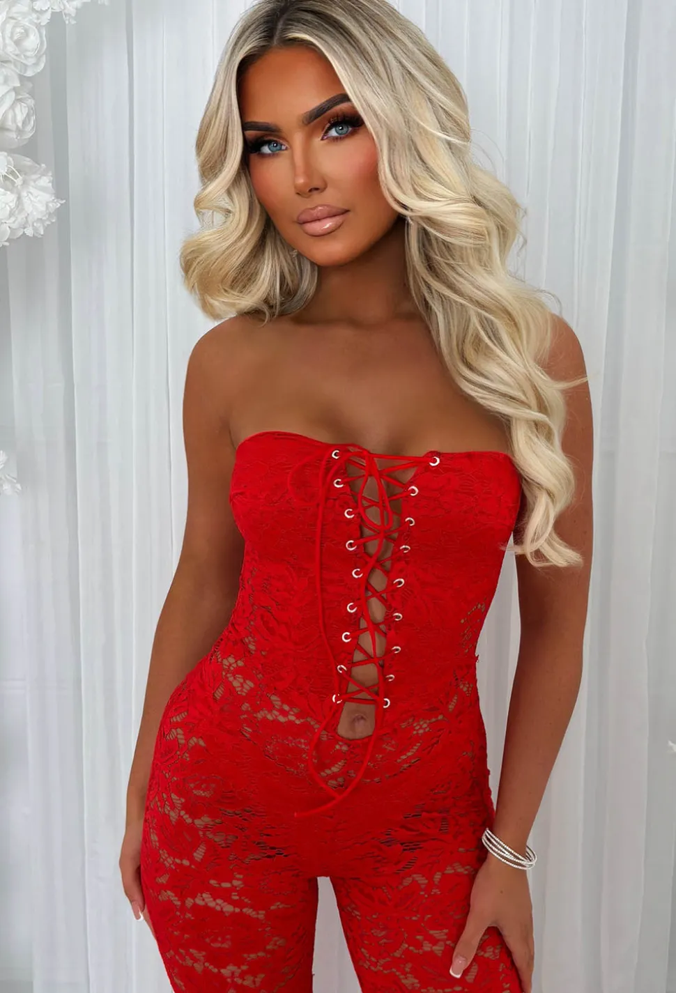 Laced Luxe Red Laced Up Lace Jumpsuit