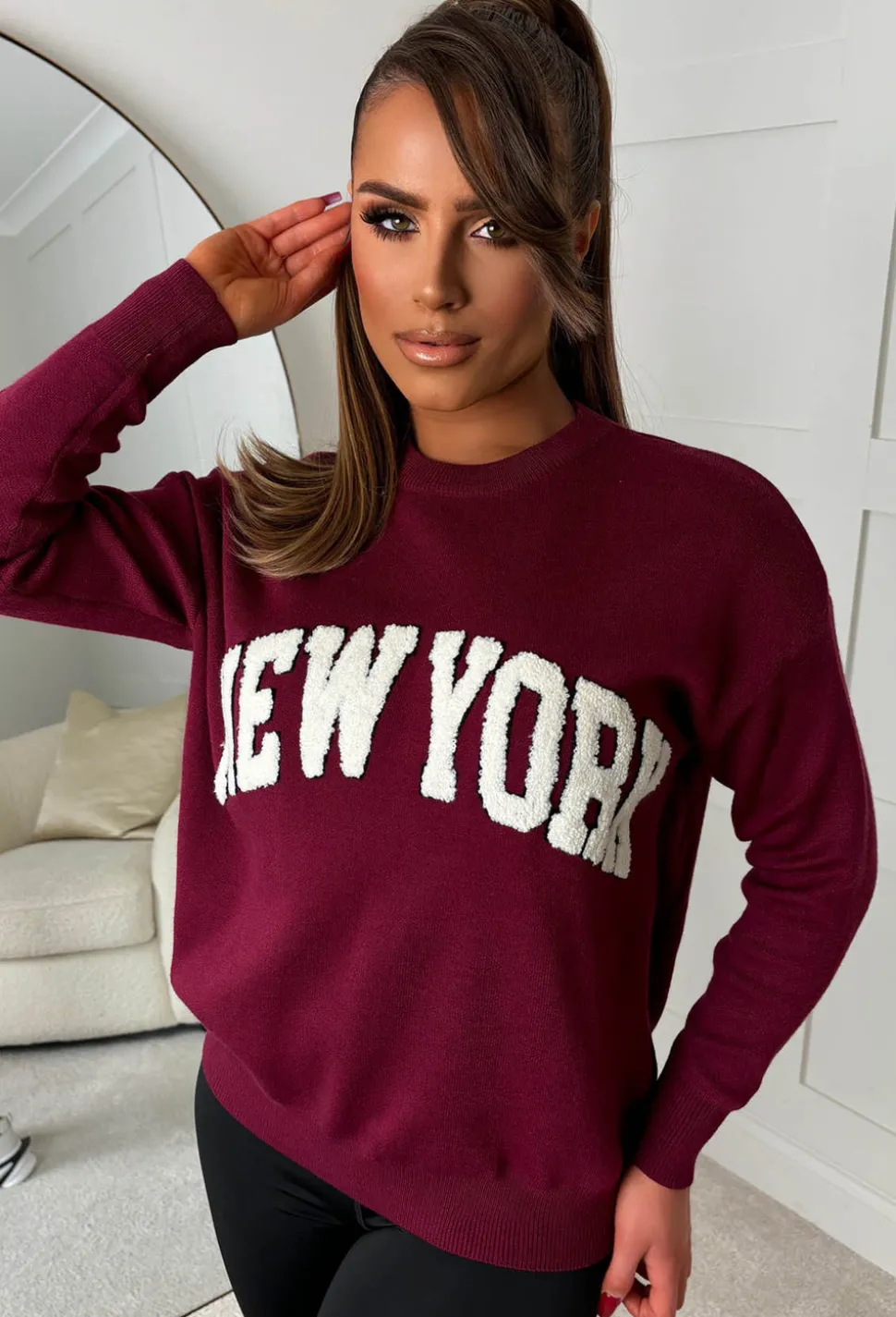 Larissa Burgundy New York Slogan Knitted Jumper