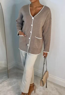 Lavish Bliss Taupe Ultra Soft Contrast Trim Cardigan