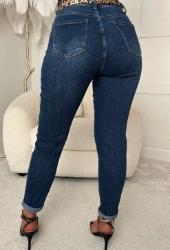 Leopard Illusion Dark Blue Mom Turn Up Stretch Jean With Leopard Print Belt