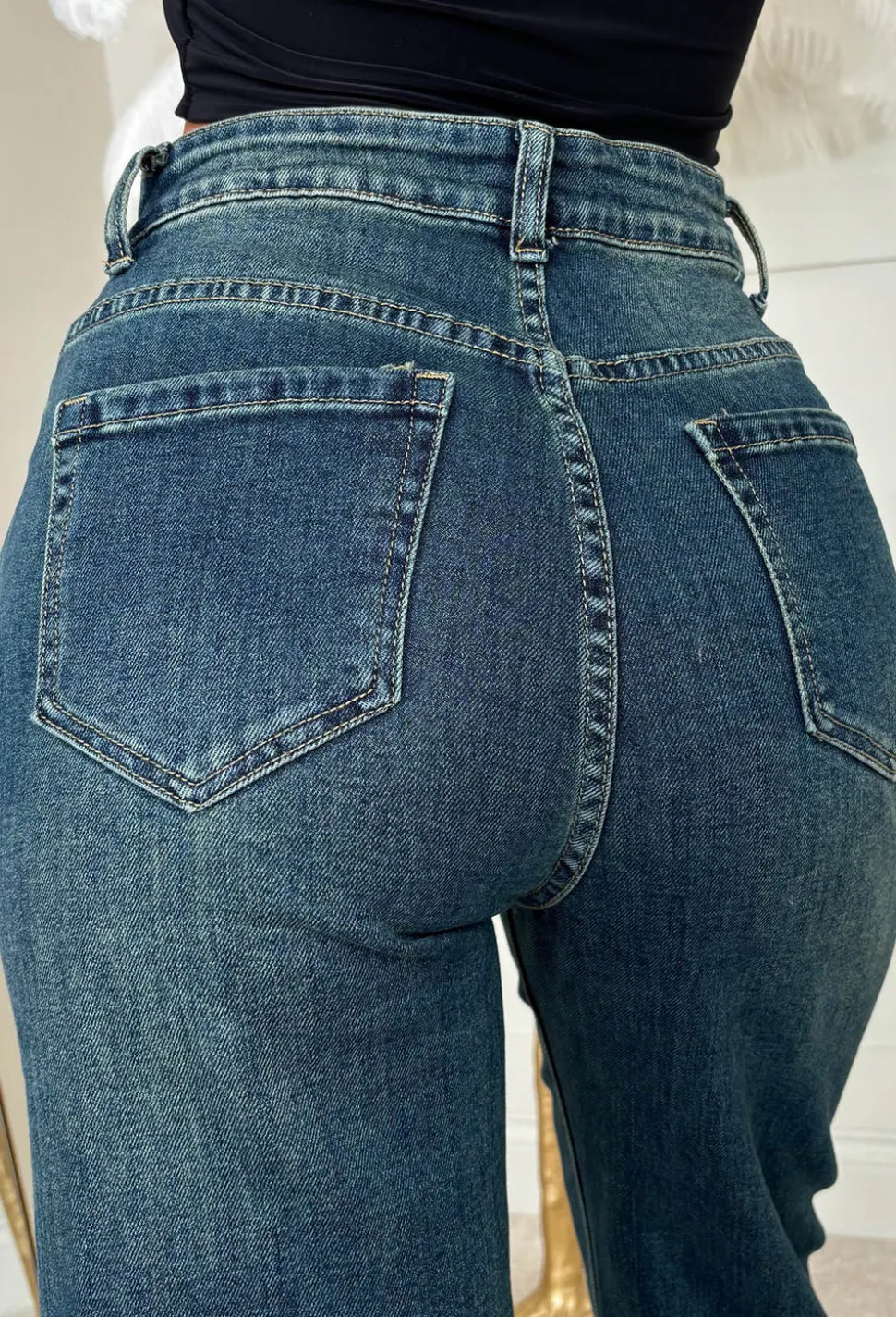 Lia Dark Blue Stretch Wide Leg Jeans
