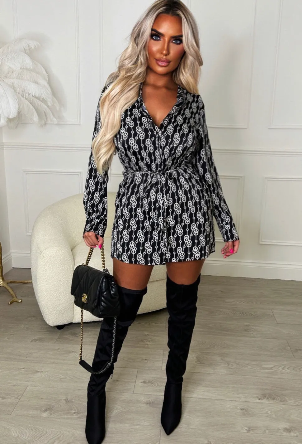 Linking Up Black Long Sleeve Belted Chain Print Shirt Dress