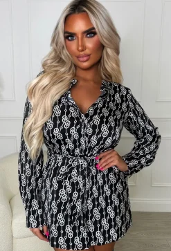 Linking Up Black Long Sleeve Belted Chain Print Shirt Dress