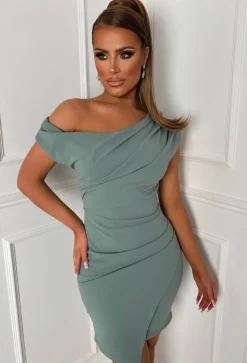 Little Stunner Khaki Off Shoulder Ruched Dress