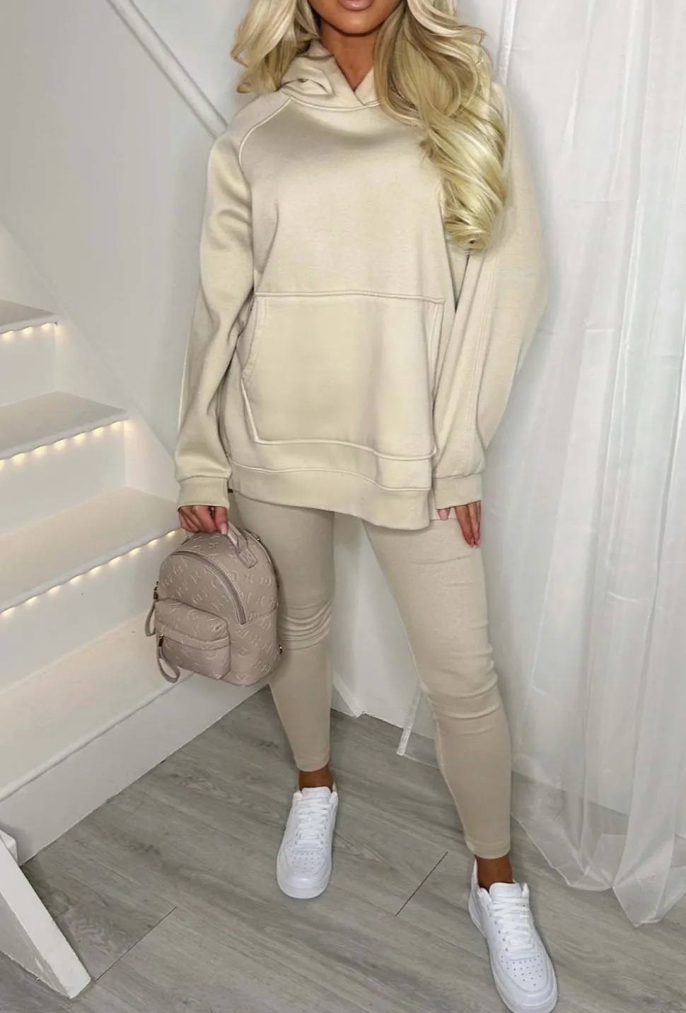 Living The Life Cream Oversized Hood With Ribbed Leggings Two Piece Loungewear Set