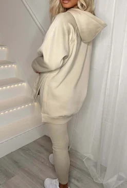 Living The Life Cream Oversized Hood With Ribbed Leggings Two Piece Loungewear Set