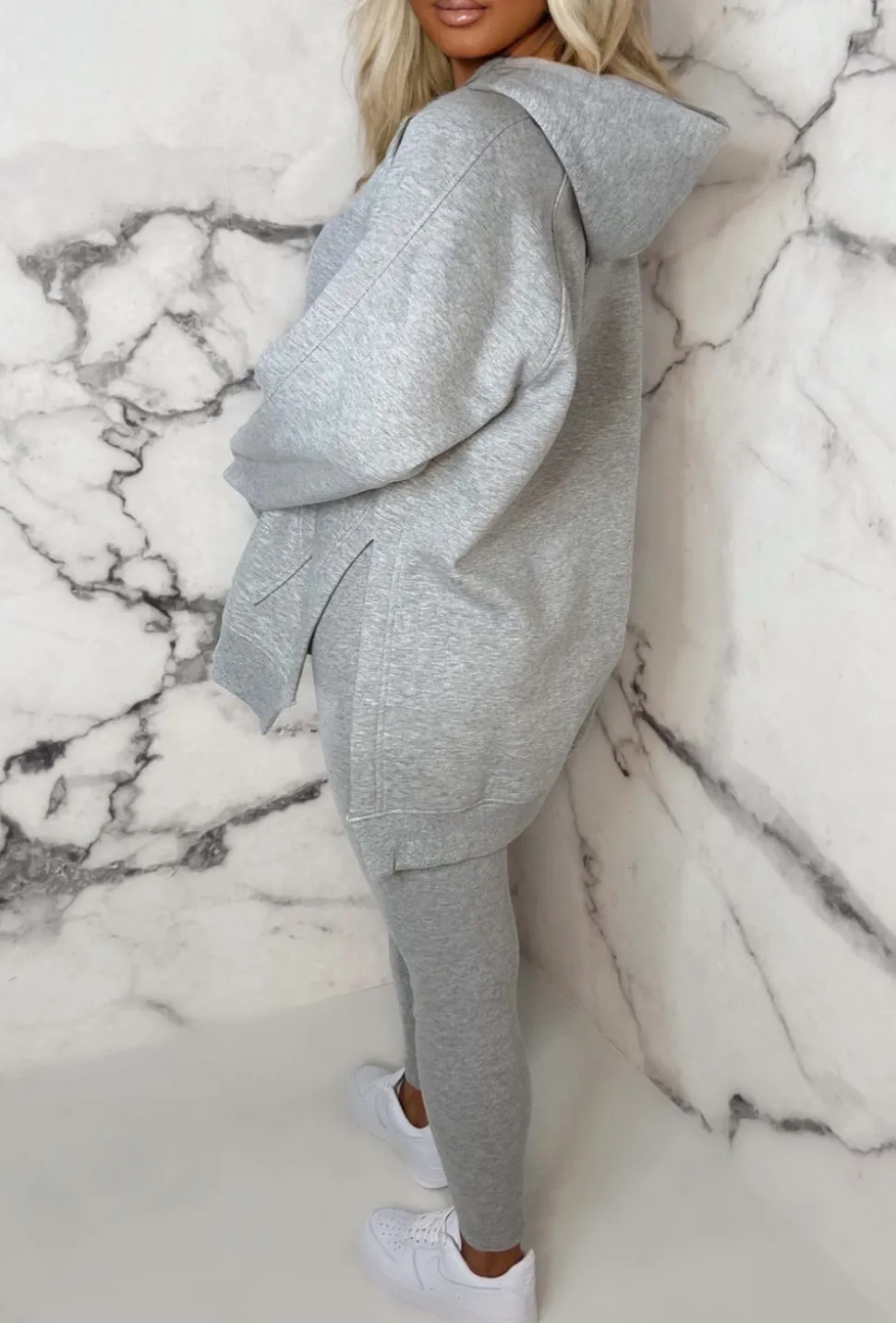 Living The Life Grey Marl Oversized Hoodie With Ribbed Legging Two Piece Loungewear Set