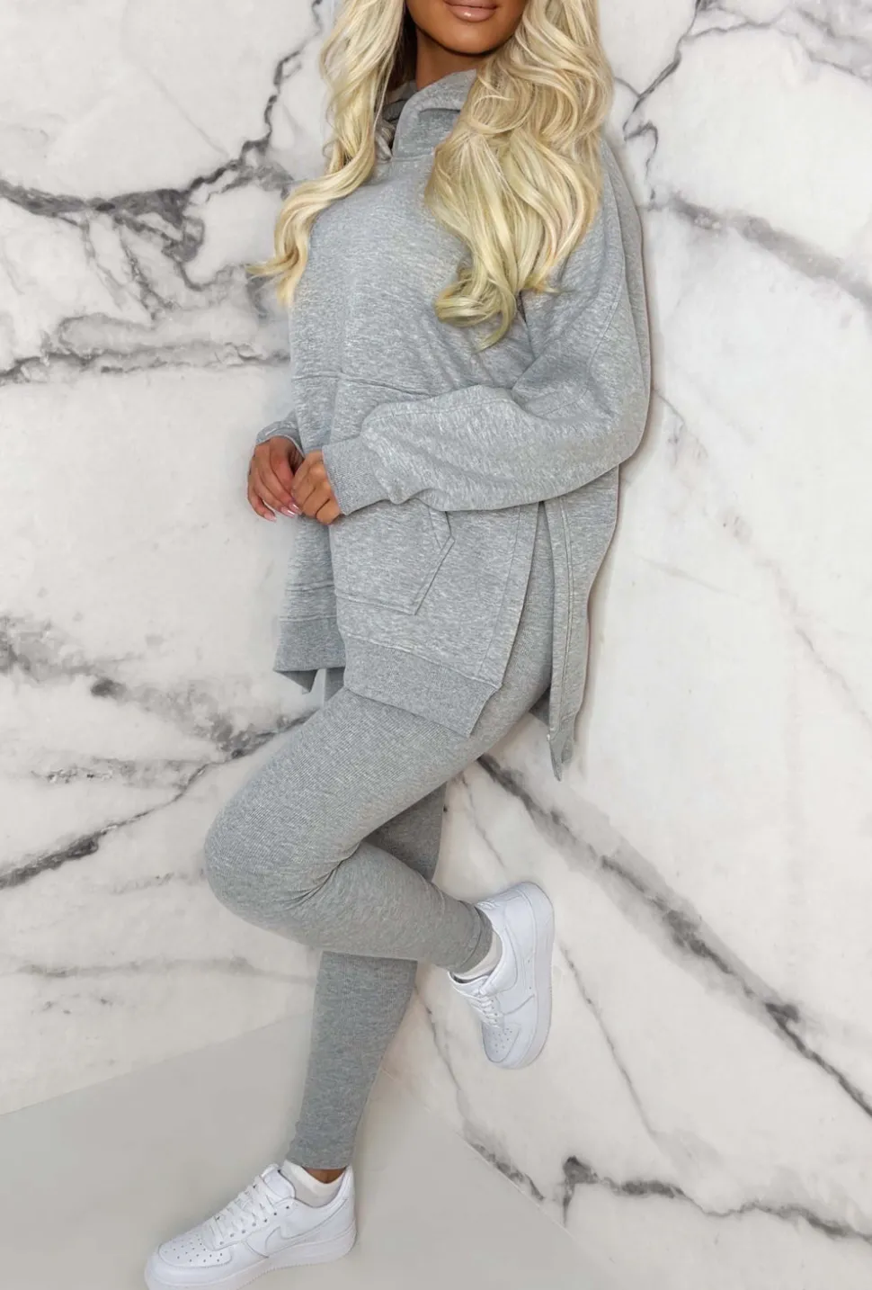Living The Life Grey Marl Oversized Hoodie With Ribbed Legging Two Piece Loungewear Set