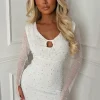 London White Pearl Mesh Long Sleeve Dress