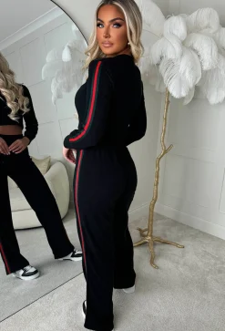 Lorenza Black Ribbed Side Stripe Loungewear Set
