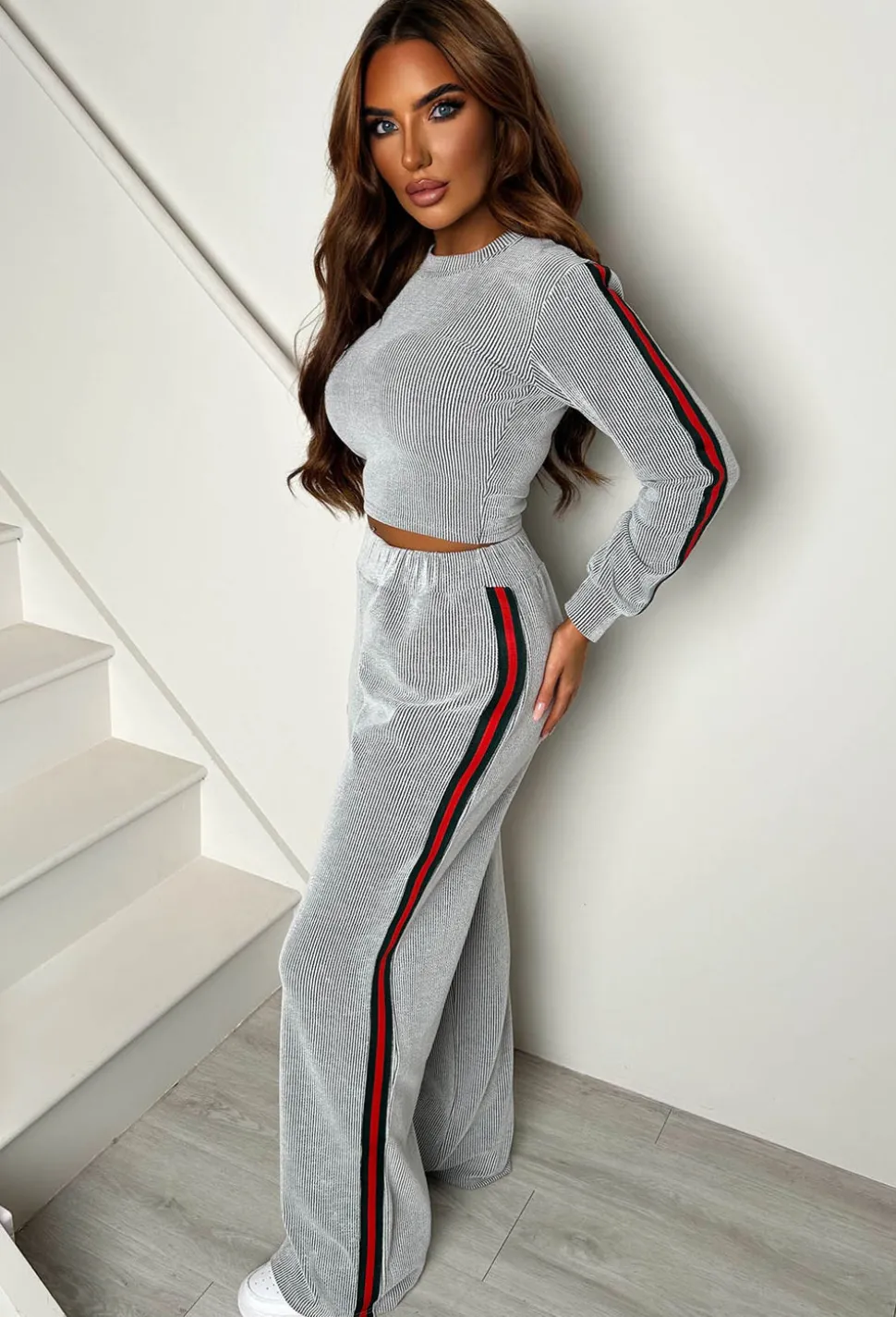 Lorenza Grey Ribbed Side Stripe Loungewear Set