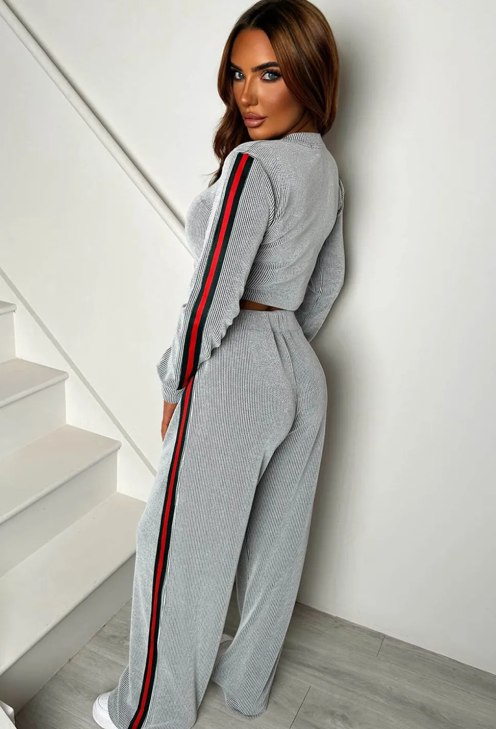 Lorenza Grey Ribbed Side Stripe Loungewear Set