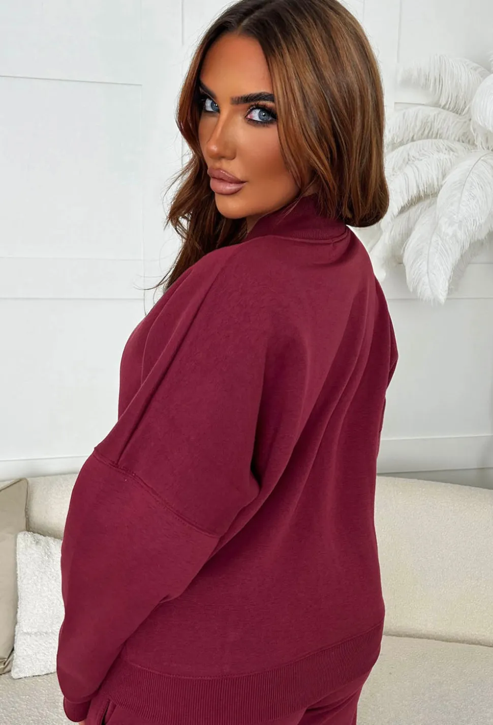 Love On Replay Burgundy Jacket And Jogger Loungewear Set