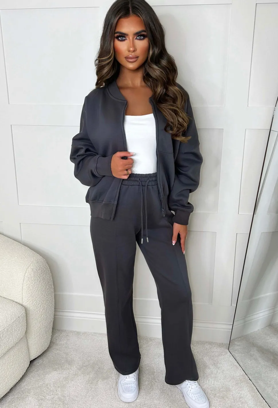 Love On Replay Charcoal Bomber Jacket And Straight Leg Jogger Loungewear Set