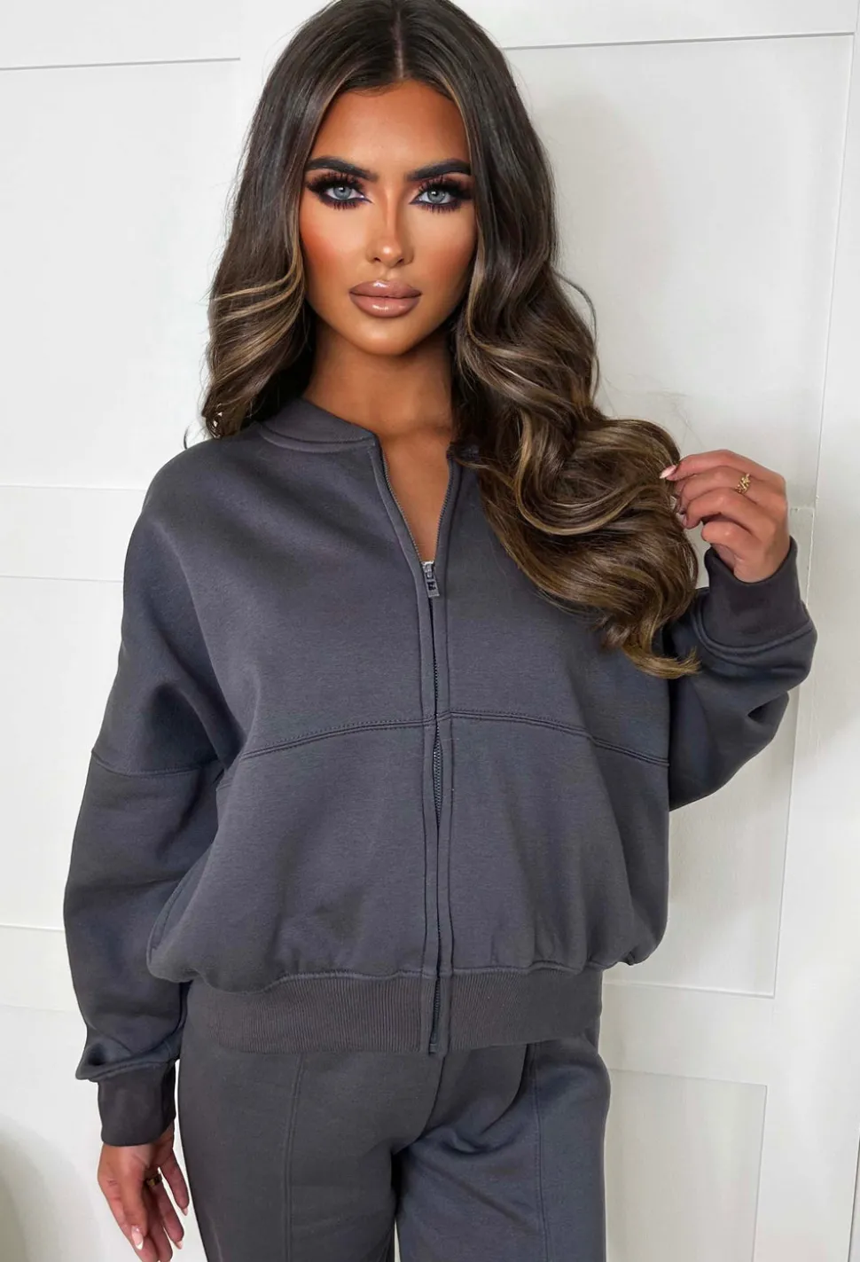 Love On Replay Charcoal Bomber Jacket And Straight Leg Jogger Loungewear Set