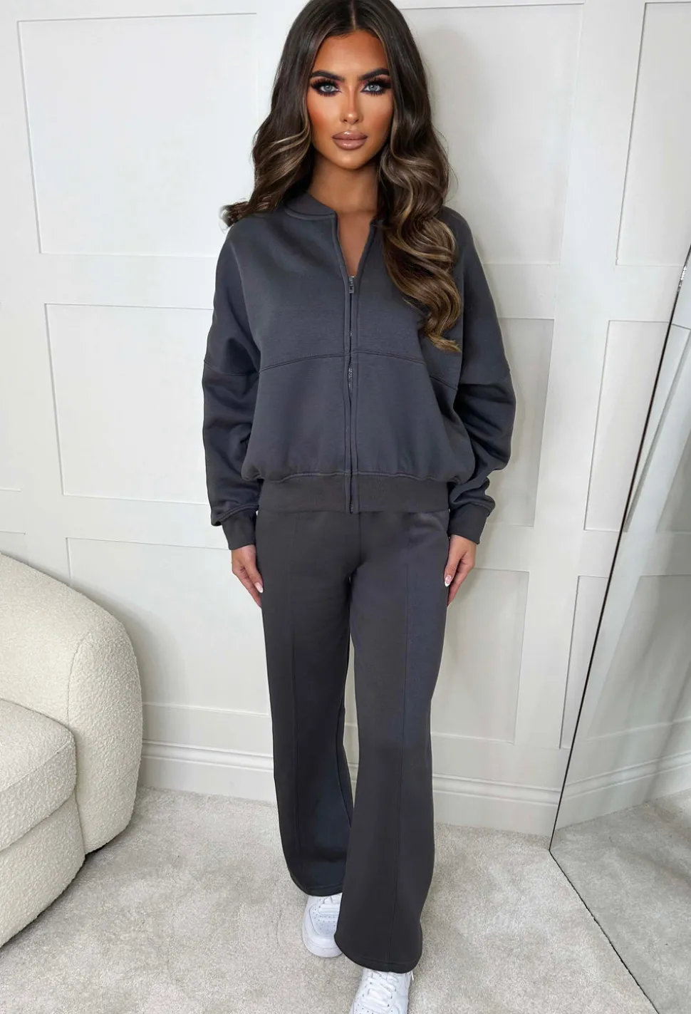 Love On Replay Charcoal Bomber Jacket And Straight Leg Jogger Loungewear Set