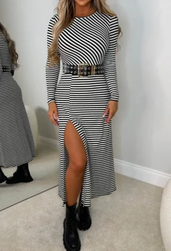 Love On The Line Monochrome Striped Long Sleeve Stretch Midi Dress