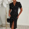Love You Always Black Polka Dot Ruched Front Midi Dress