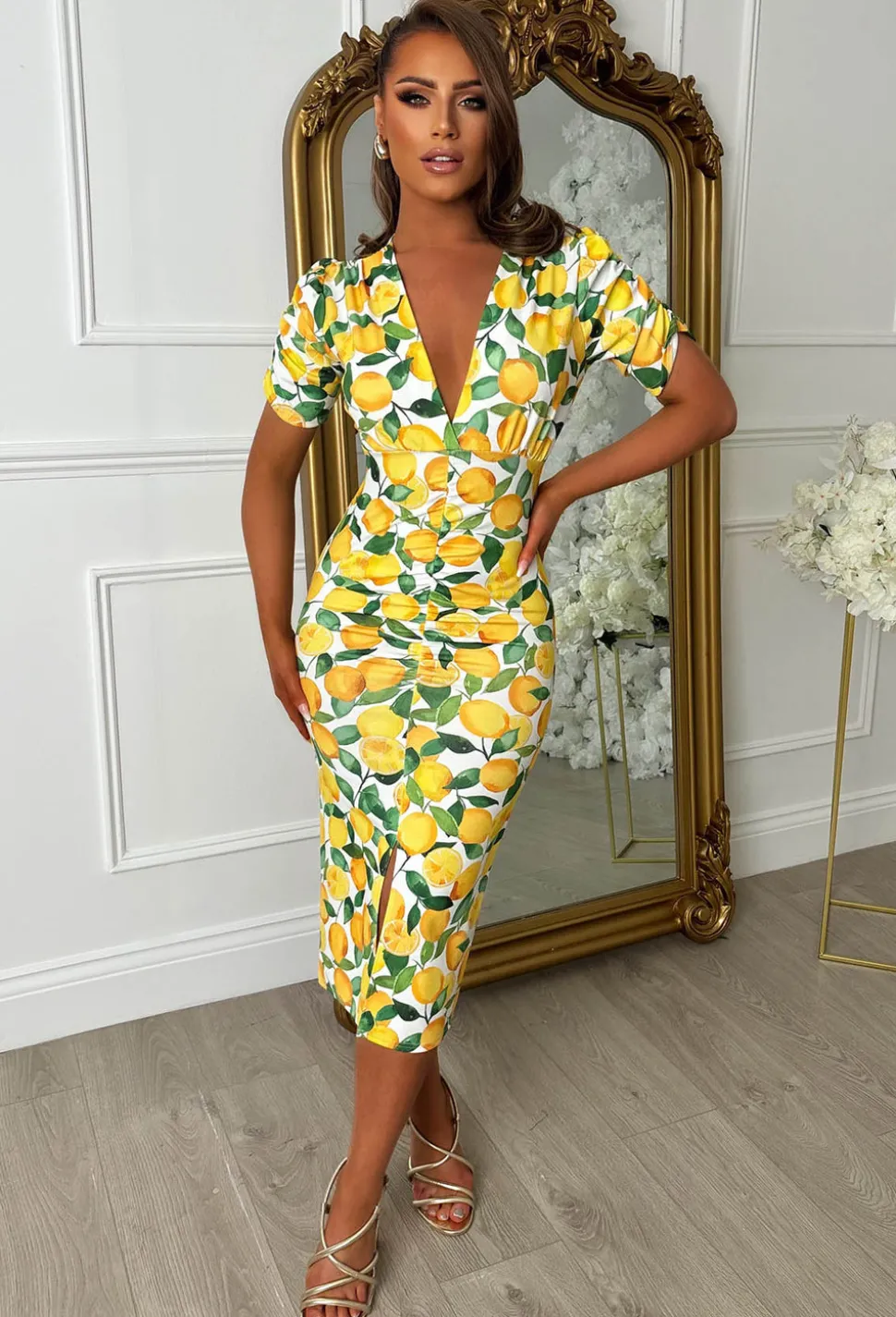 Love You Always Lemon Print Ruched Front Midi Dress