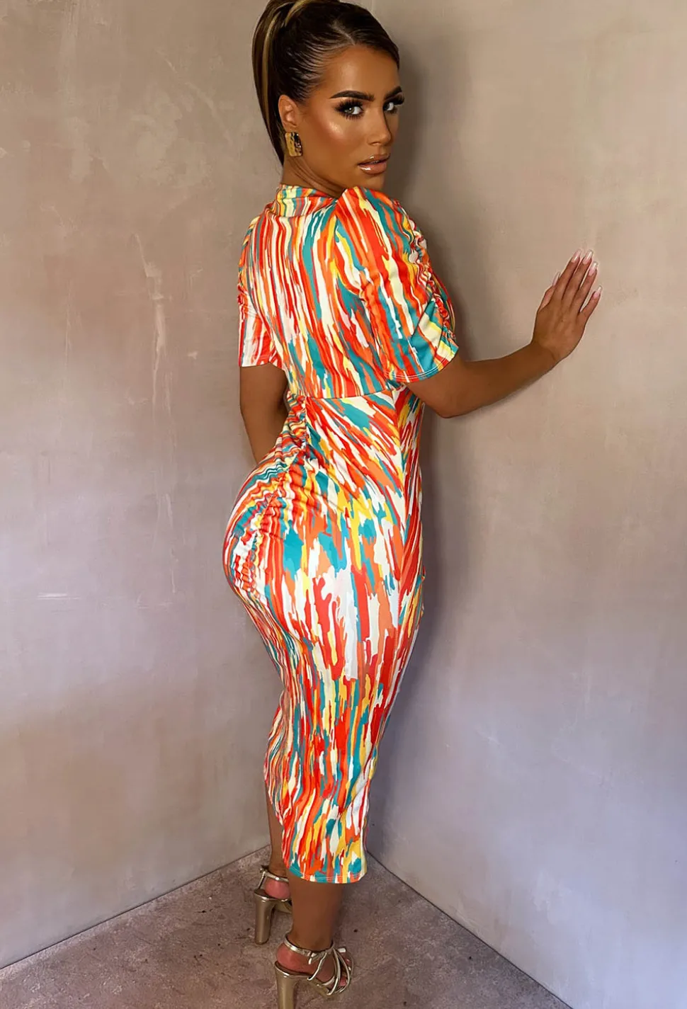 Love You Always Orange Printed Ruched Dress