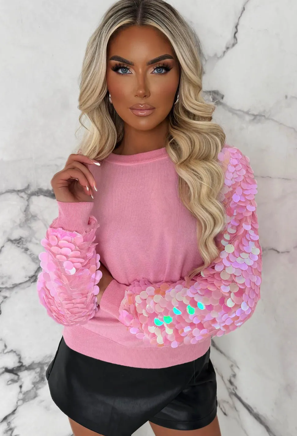 Love You, Need You Pink Sequin Sleeve Knitted Jumper